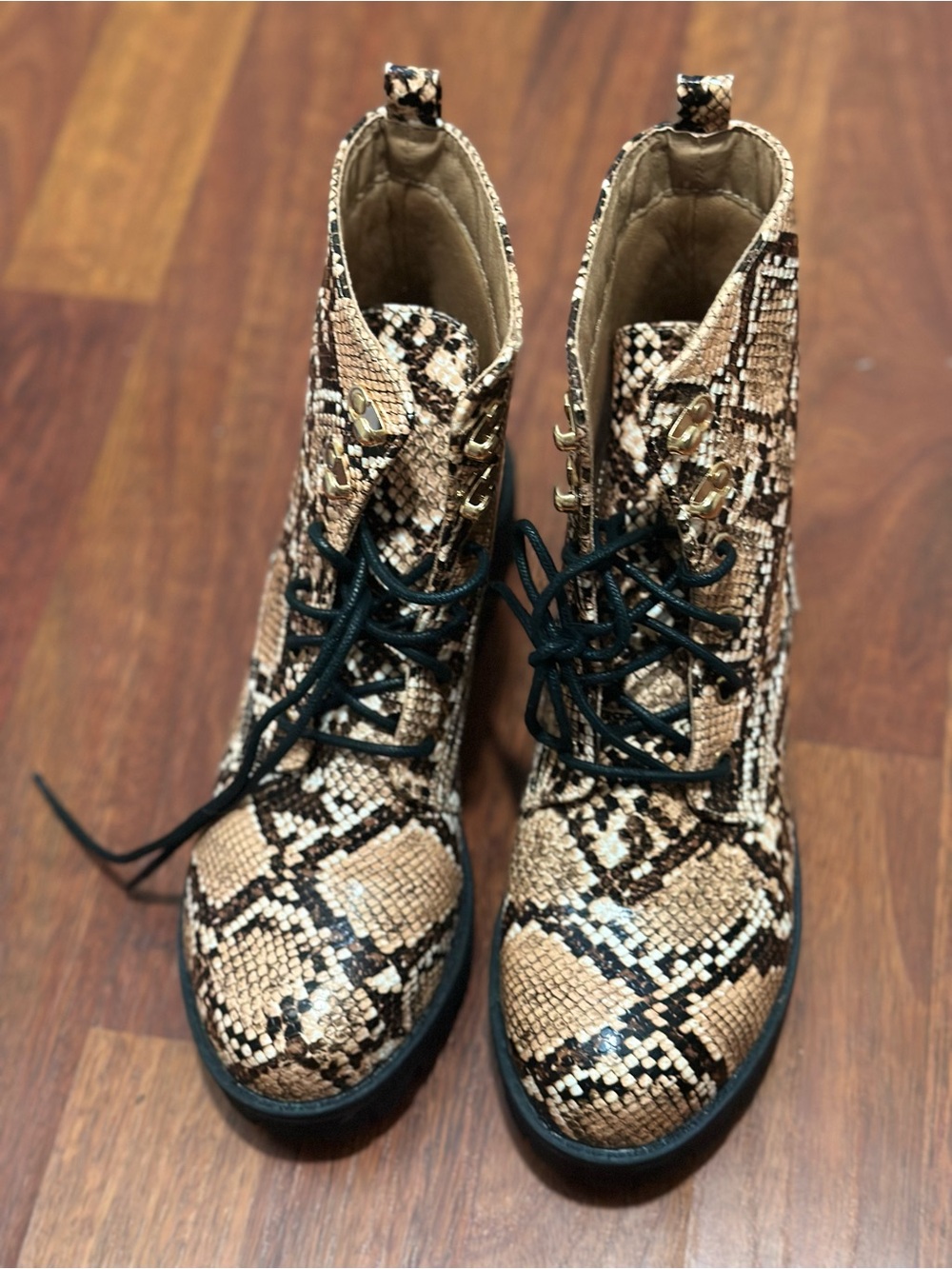 Lulu's Snake-Print Lace-Up Boots in Brown and Black